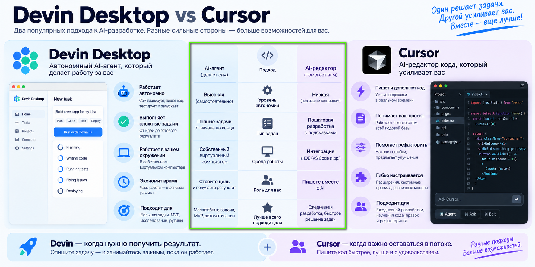 Инфографика сравнивающая два AI-подхода: Devin Desktop и Cursor, с описанием их особенностей и преимуществ.