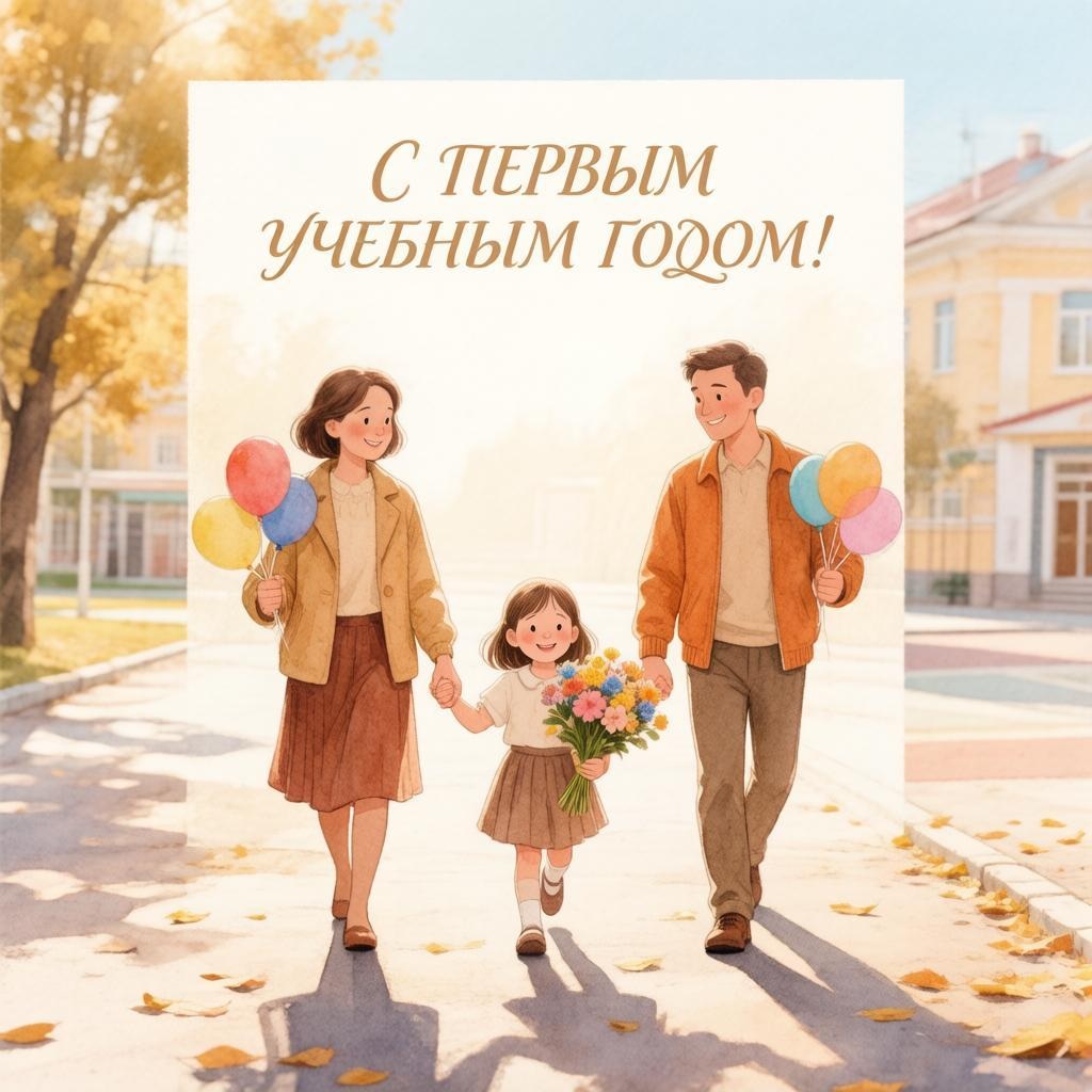 Семья из трех человек гуляет на осенней улице, ребенок держит букет цветов, родители держат по три разноцветных воздушных шарика. На фоне надпись на русском: «С первым учебным годом!»