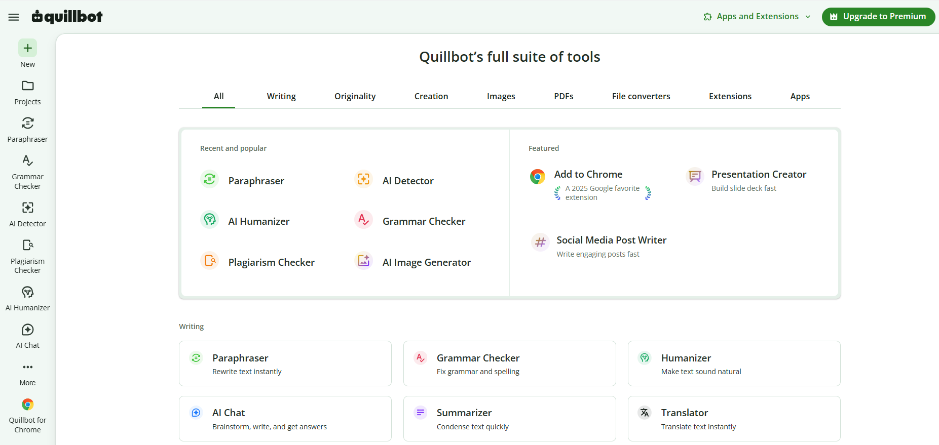 Скриншот интерфейса Quillbot с перечнем инструментов для работы с текстом, включая парафразер, проверку грамматики, детектор AI и генератор изображений.