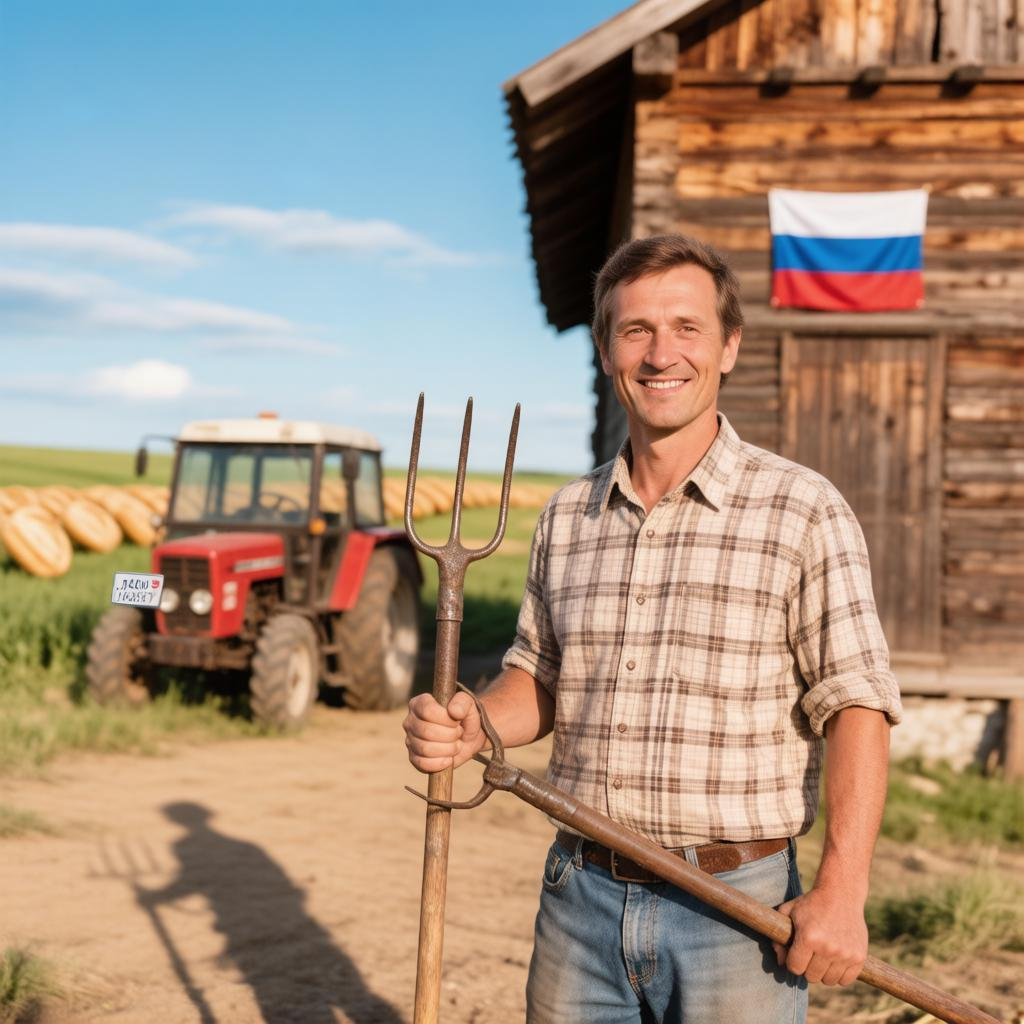 Улыбающийся русский фермер в клетчатой рубашке стоит с вилой на фоне деревянного дома с российским флагом и красного тракторы.