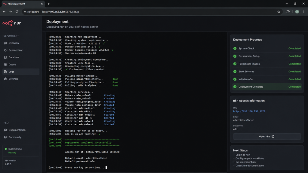 Экран логов успешного деплоя n8n на self-hosted сервере через Docker и Docker Compose.