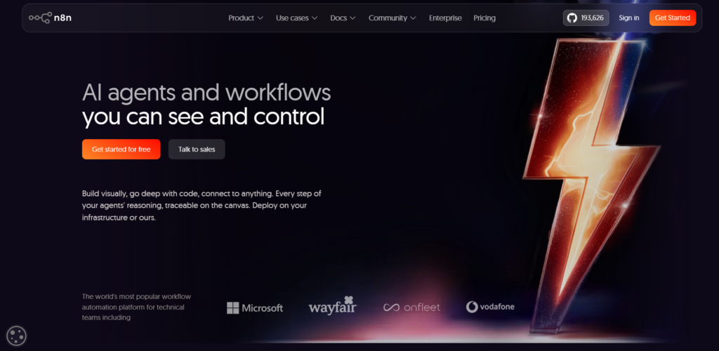 Главная страница сайта n8n с заголовком «AI agents and workflows you can see and control» и логотипами партнеров Microsoft, Vodafone.