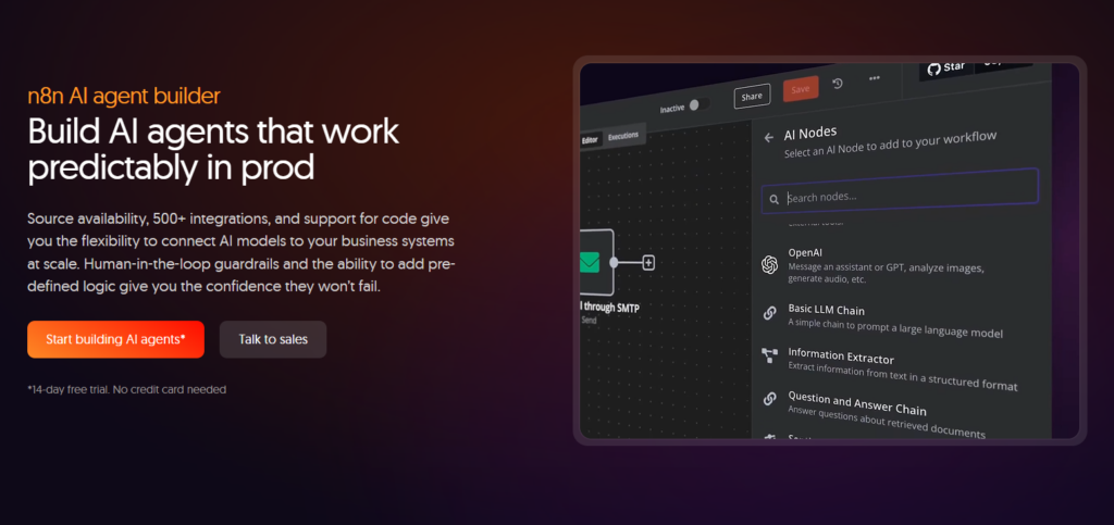 Промо-блок n8n AI agent builder с демонстрацией меню AI Nodes (OpenAI, Basic LLM Chain).