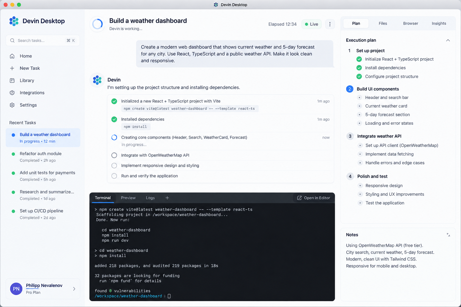 Интерфейс приложения Devin Desktop с процессом создания панели погоды на React и TypeScript, показывающий задачи, терминал и план выполнения проекта.