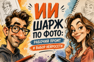 Цифровой рисунок с карикатурами мужчины и женщины, с кистями и карандашами, и текстом на русском о создании ИИ карикатур по фото.