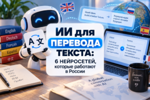 Робот с символом перевода держит табличку с текстом "ИИ для перевода текста: 6 нейросетей, которые работают в России" на фоне книг с названиями языков, ноутбука с переводом текста и записной книжки с приветствиями на разных языках.
