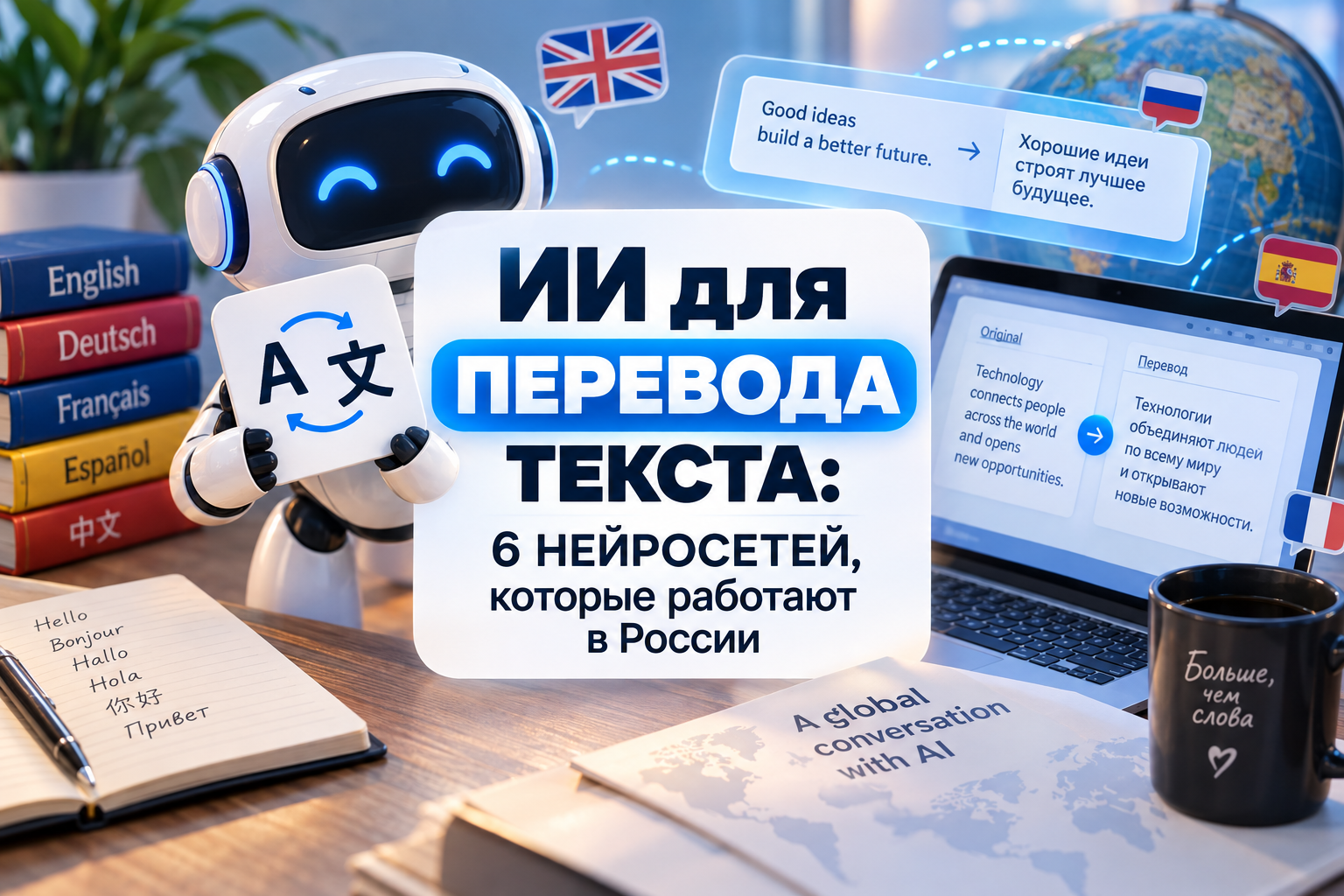 Робот с символом перевода держит табличку с текстом "ИИ для перевода текста: 6 нейросетей, которые работают в России" на фоне книг с названиями языков, ноутбука с переводом текста и записной книжки с приветствиями на разных языках.