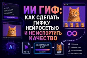 Инфографика на русском языке о создании гифки с помощью нейросети ИИ, с изображением рыжего кота и процессом конвертации видео в GIF с минимальным шумом и оптимальным весом.
