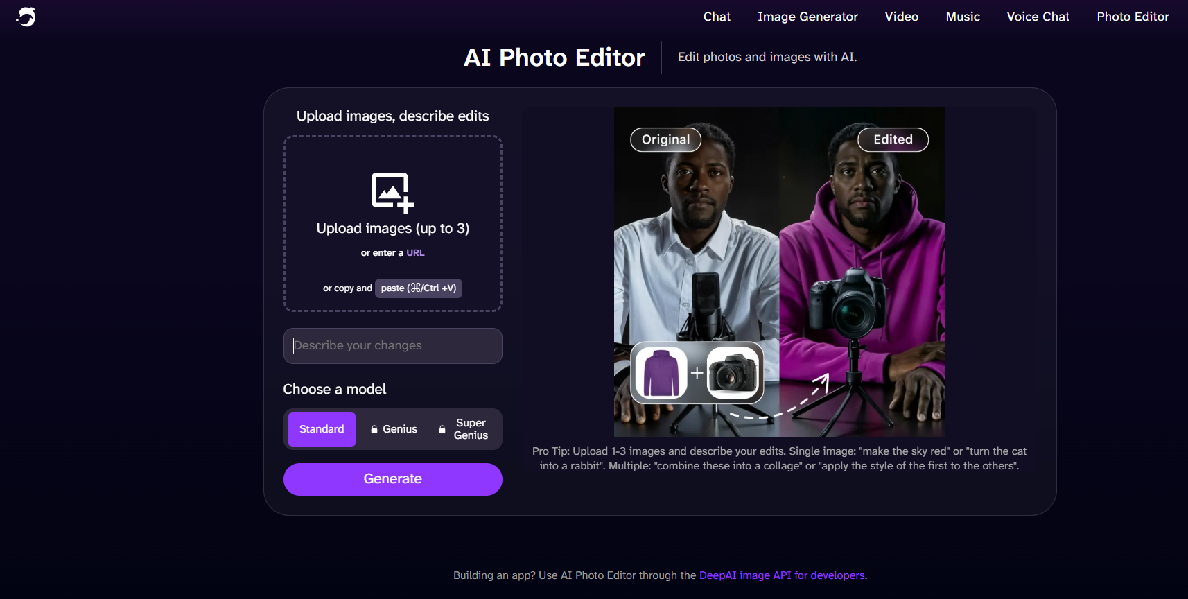 Интерфейс AI Photo Editor с примером редактирования фото: мужчина в белой рубашке рядом с изображением в худи, с заменой одежды и добавлением фотоаппарата на штатив.