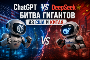 Роботы с логотипами ChatGPT и DeepSeek в позах для боя на фоне ночных небоскребов и флагов США и Китая.