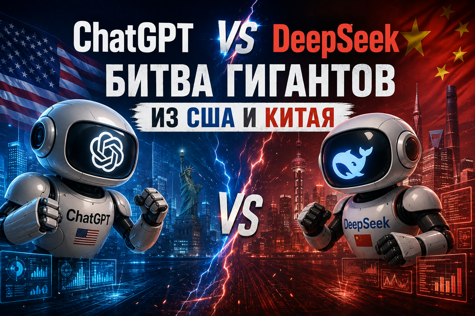 Роботы с логотипами ChatGPT и DeepSeek в позах для боя на фоне ночных небоскребов и флагов США и Китая.
