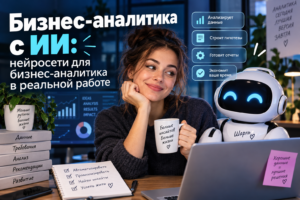 Женщина с кружкой сидит за столом рядом с роботом на фоне рабочего пространства с элементами бизнес-аналитики и текстом о нейросетях для бизнес-аналитики с ИИ.