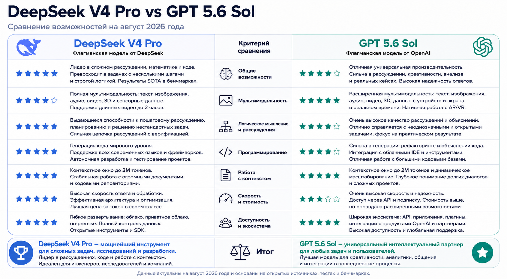 Сравнительная таблица возможностей DeepSeek V4 Pro и GPT 5.6 Sol на август 2026 года