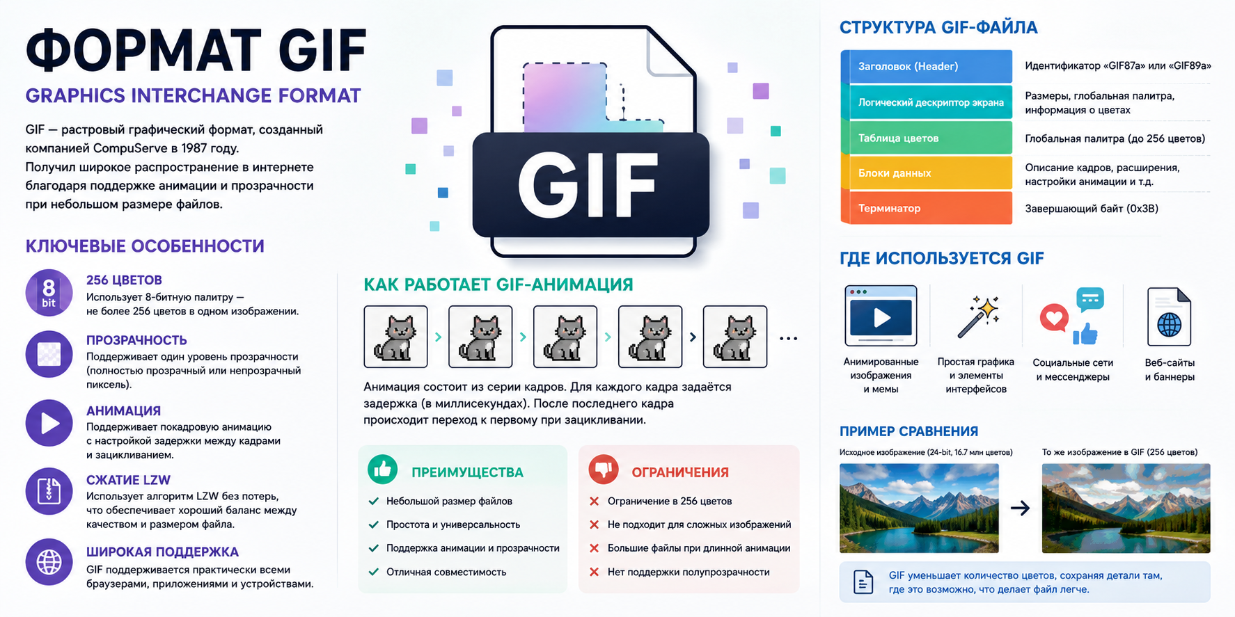 Инфографика, объясняющая формат GIF, его ключевые особенности, структуру файла, работу анимации и примеры использования.