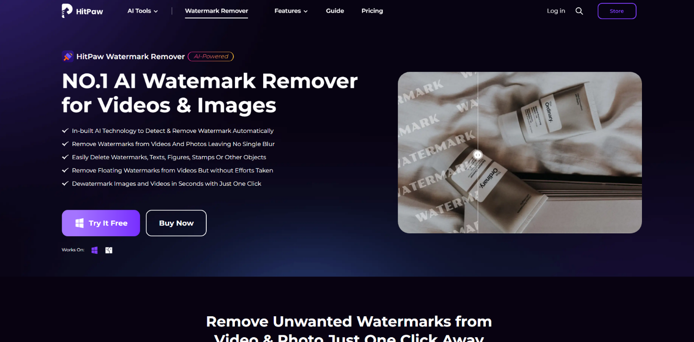 Скриншот веб-страницы HitPaw Watermark Remover с демонстрацией удаления водяных знаков с изображений.