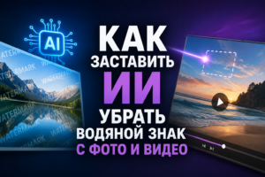 Изображение с текстом на русском языке о том, как с помощью искусственного интеллекта удалить водяной знак с фото и видео.