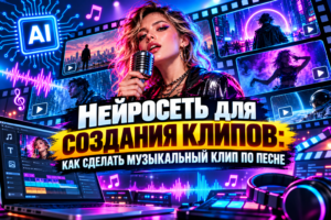 Молодая женщина с микрофоном на фоне ярких видео кадров и элементов музыкального производства, иллюстрирующая использование нейросети для создания музыкальных клипов.