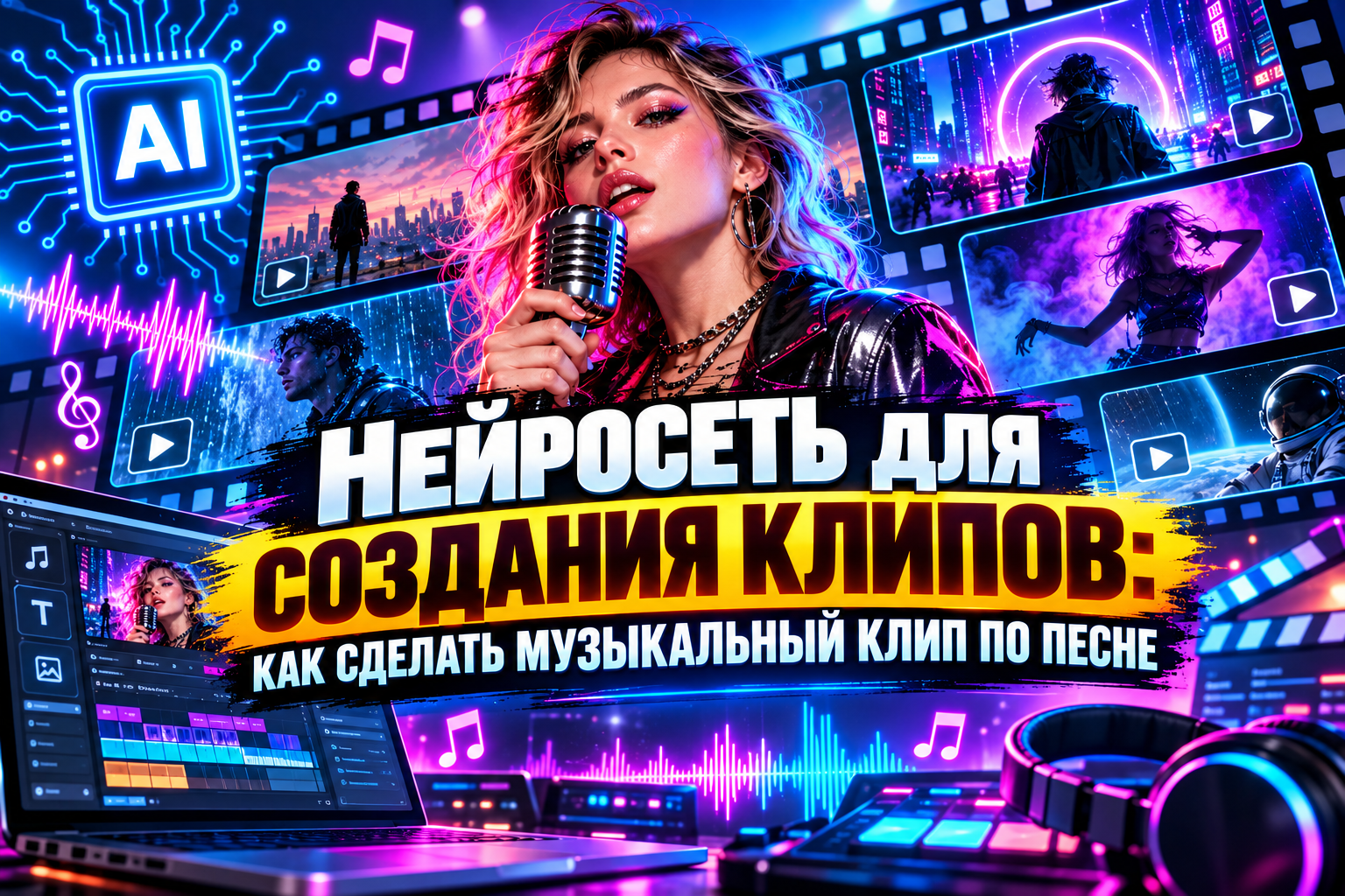 Молодая женщина с микрофоном на фоне ярких видео кадров и элементов музыкального производства, иллюстрирующая использование нейросети для создания музыкальных клипов.