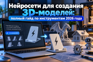 Изображение ноутбука с 3D-моделью подставки для телефона на экране и готовой 3D-печатной фигуркой подставки с молнией рядом, на фоне фигурки дракона, дома и робота.