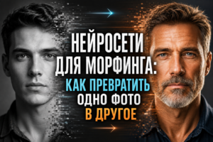 Изображение, показывающее процесс морфинга между молодым и пожилым мужчиной с текстом "Нейросети для морфинга: как превратить одно фото в другое".