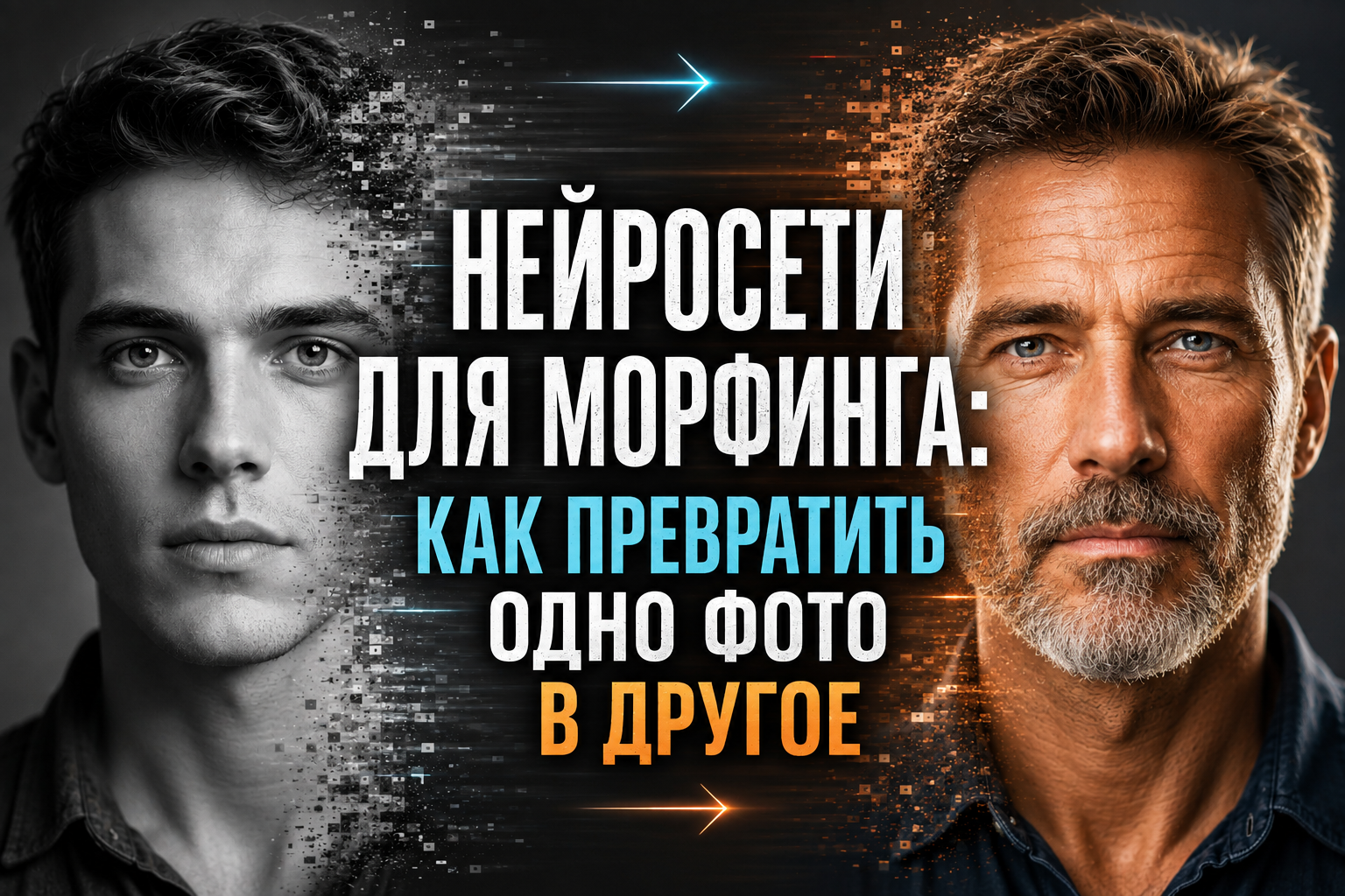 Изображение, показывающее процесс морфинга между молодым и пожилым мужчиной с текстом "Нейросети для морфинга: как превратить одно фото в другое".