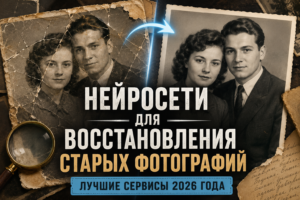 Сравнение старой и восстановленной фотографии в ретро-стиле с изображением мужчины и женщины.