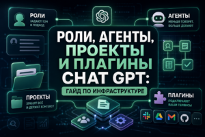 Инфографика, показывающая роли, агентов, проекты и плагины в Chat GPT с описанием их функций и иконками популярных сервисов.