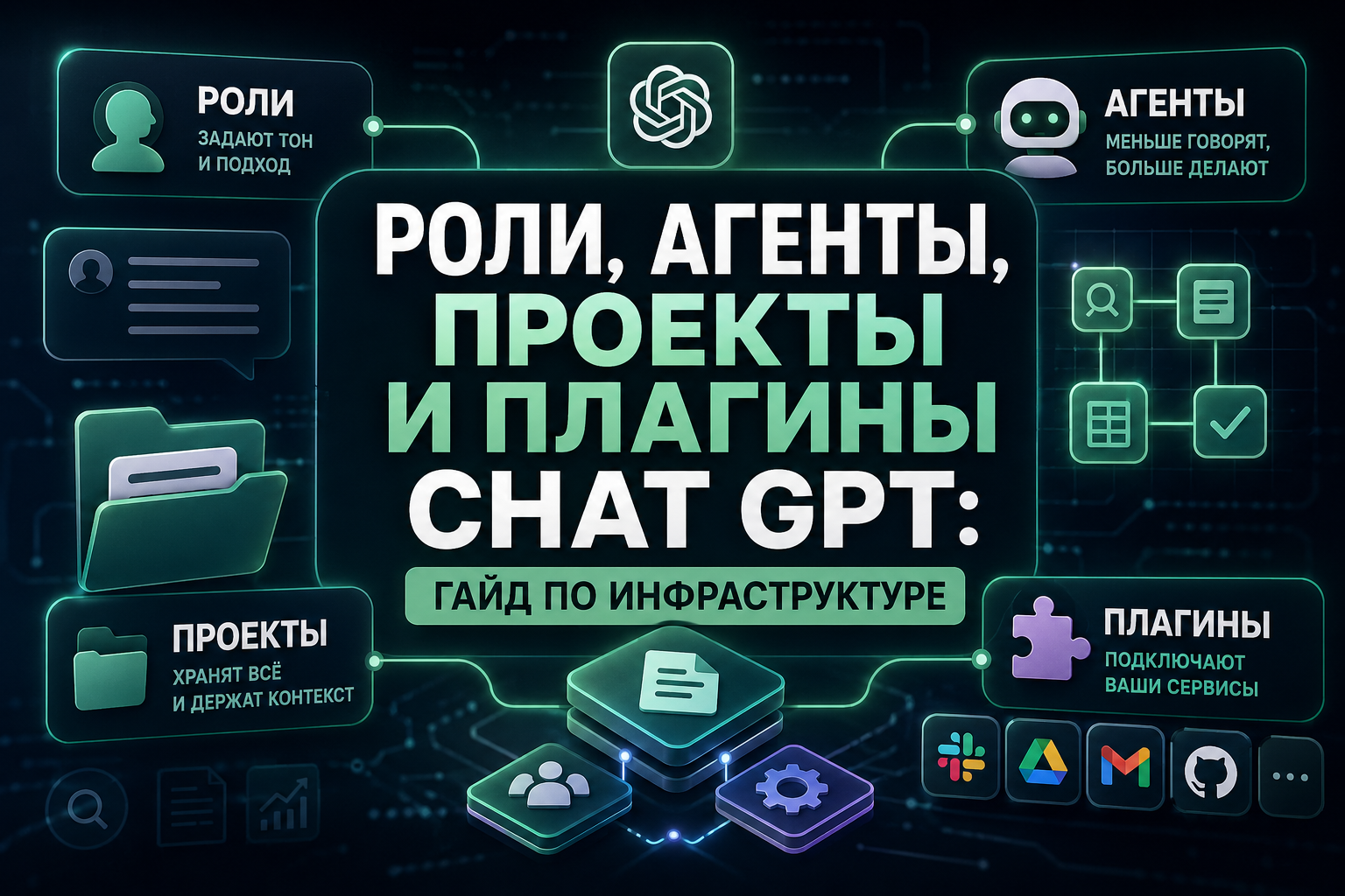 Инфографика, показывающая роли, агентов, проекты и плагины в Chat GPT с описанием их функций и иконками популярных сервисов.