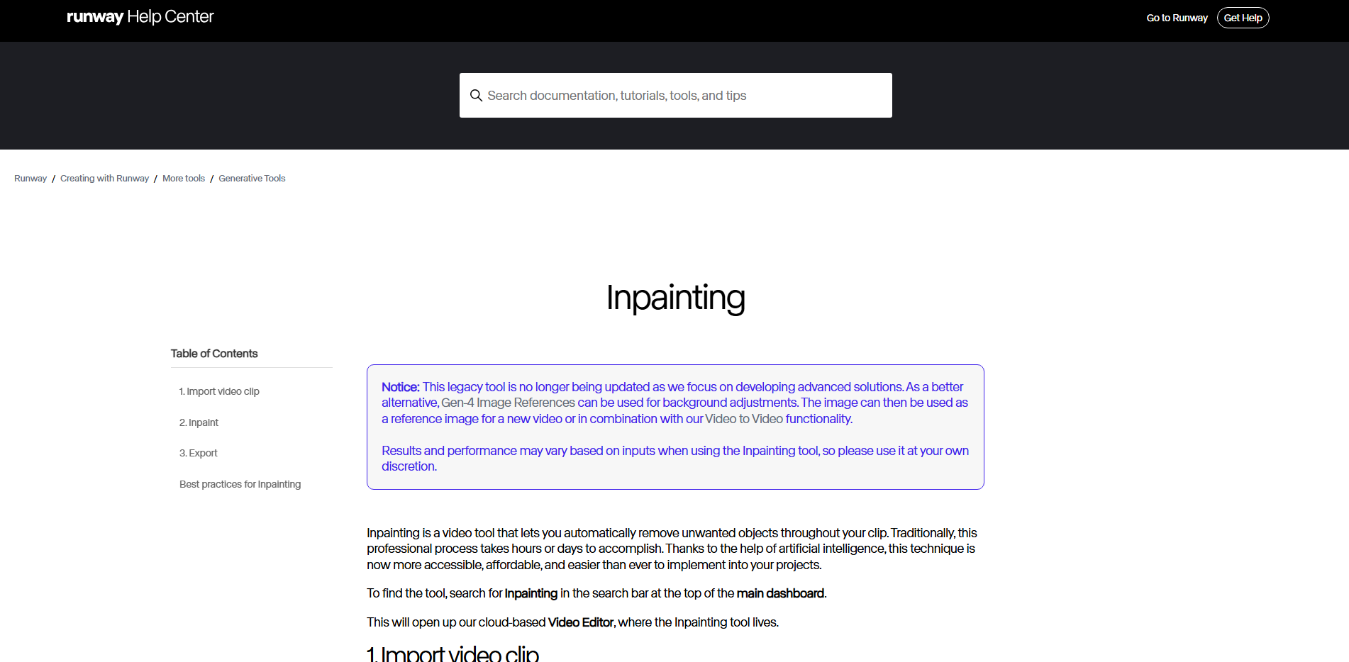 Скриншот страницы справочного центра Runway с заголовком 'Inpainting' и инструкциями по использованию инструмента удаления нежелательных объектов из видео
