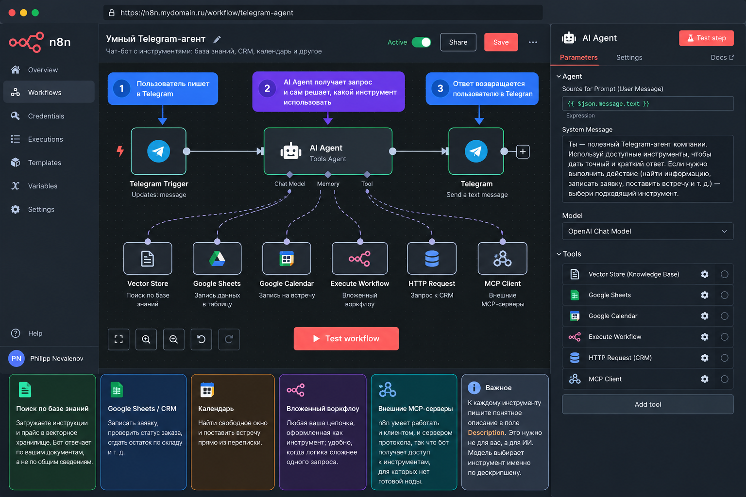 Интерфейс платформы n8n с рабочим процессом умного Telegram-агента, показывающий этапы работы бота и используемые инструменты.