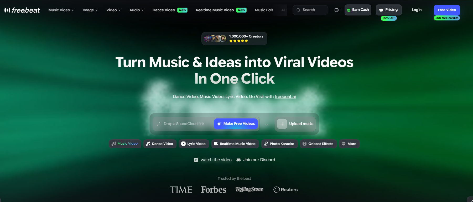 Главная страница сайта freebeat с надписью "Turn Music & Ideas into Viral Videos In One Click" на зеленом фоне.