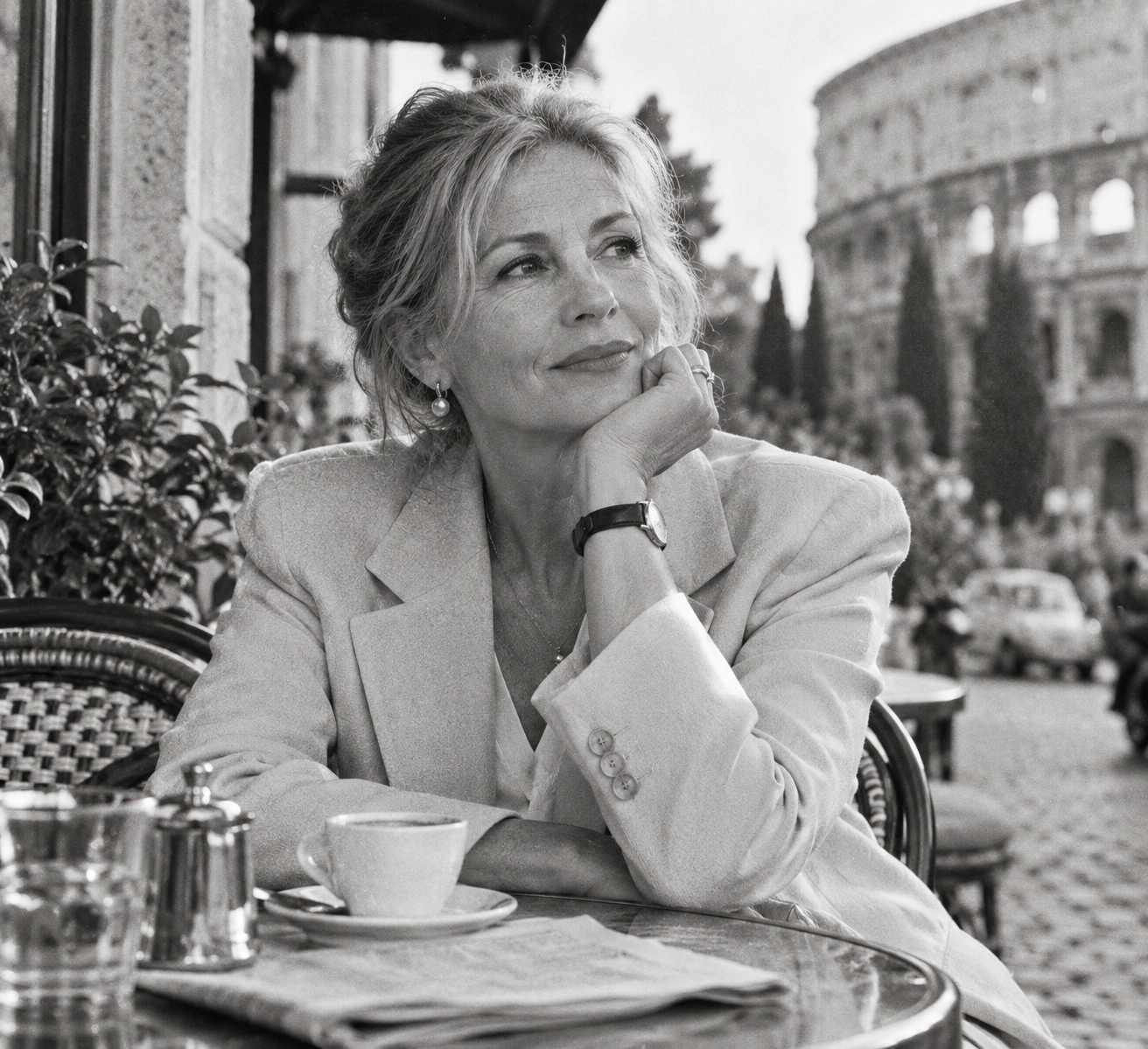 Чёрно-белый портрет женщины за столиком уличного кафе в Риме