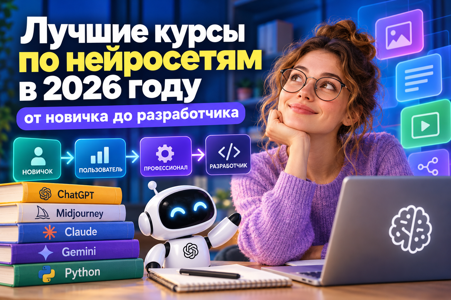 Молодая женщина в фиолетовом свитере сидит за столом с ноутбуком и улыбающимся роботом, рядом стоят книги по искусственному интеллекту и программированию.