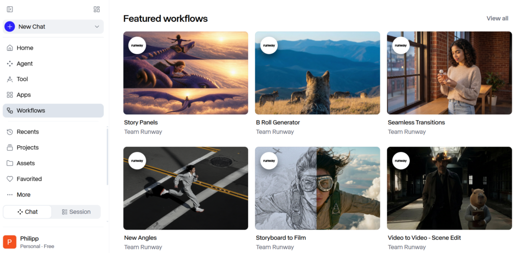 Интерфейс приложения с разделом Featured workflows, содержащий шесть различных изображений для рабочих процессов: девушка на драконе, волк в горах, женщина у окна с парфюмом, бегущая женщина по улице, девушка-пилот с наполовину нарисованным изображением и человек с антропоморфным капибарой в темном здании.