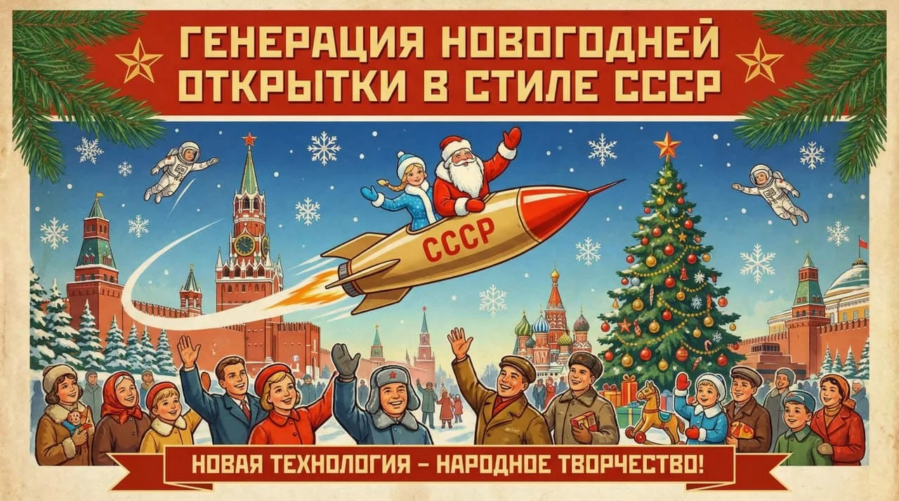 Генерация новогодней открытки с помощью нейросети в современном и советском стиле