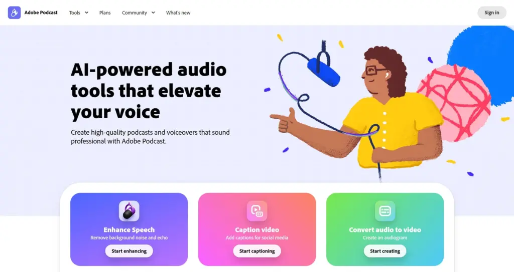 Начальная страница онлайн сервиса Adobe Podcast