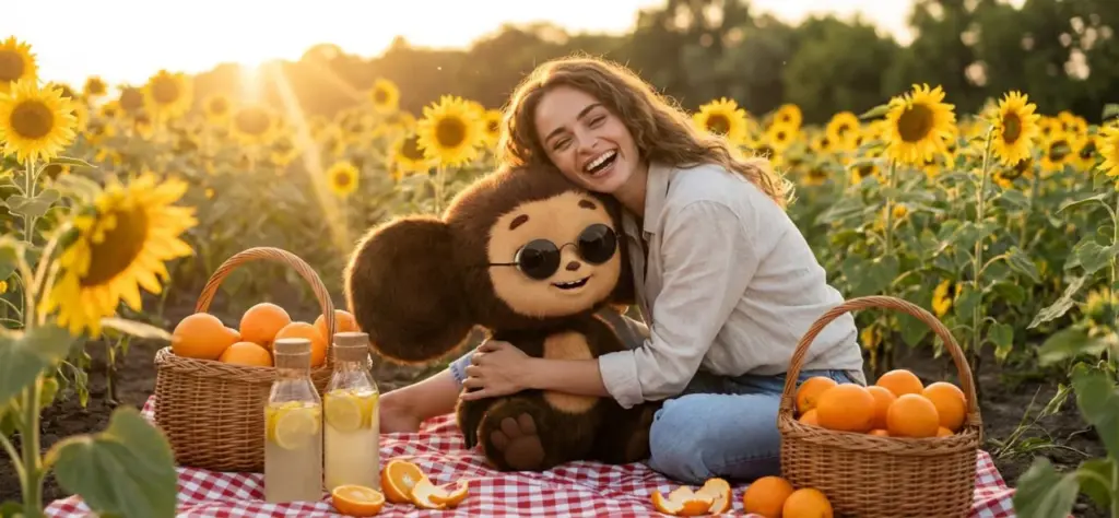 Фото с Чебурашкой ии на подсолнуховом поле