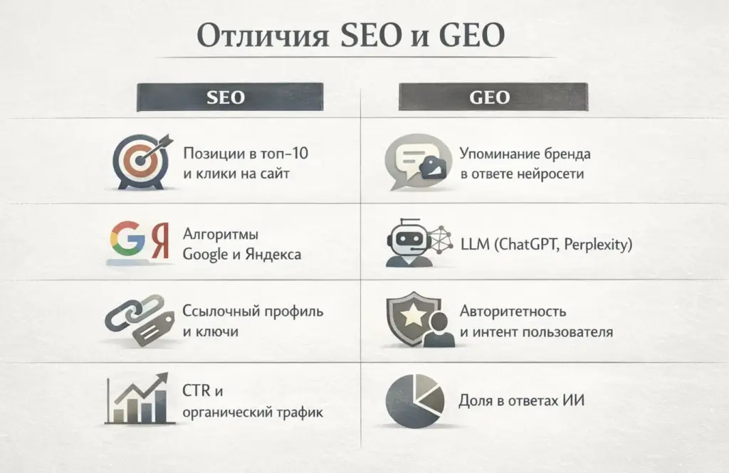 Сравнительная таблица отличие SEO и GEO