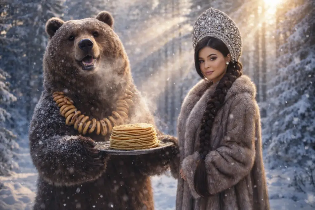 Фото с медведем в зимнем лесу на масленицу
