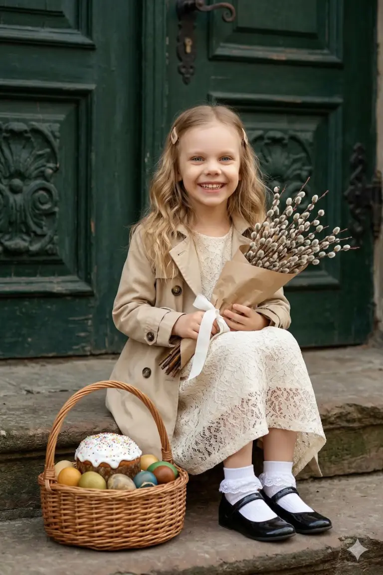 Промт для пасхального фото детей с вербой и яйцами