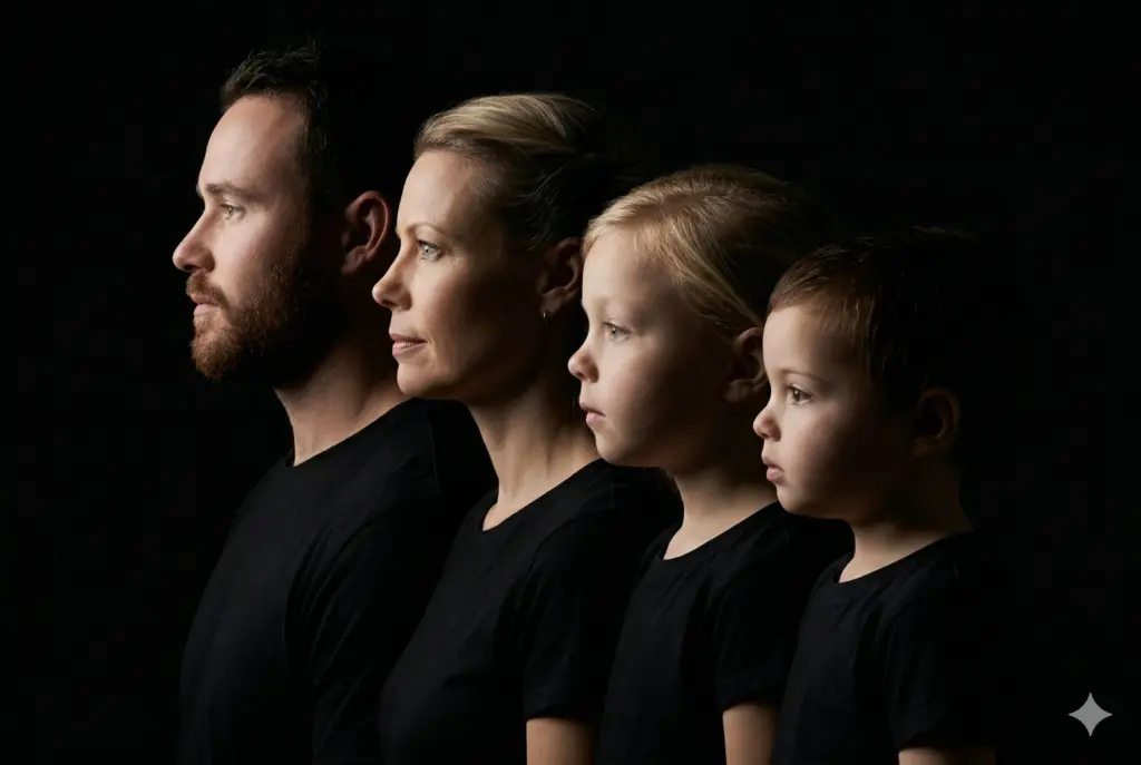 Портрет поколений в профиль на черном фоне