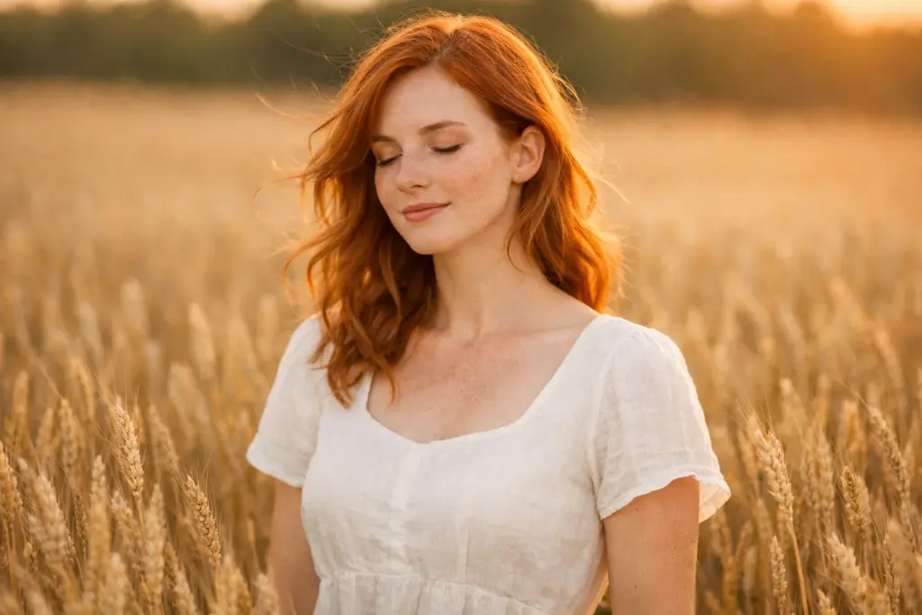 Сгенерированная рыжеволосая девушка в поле