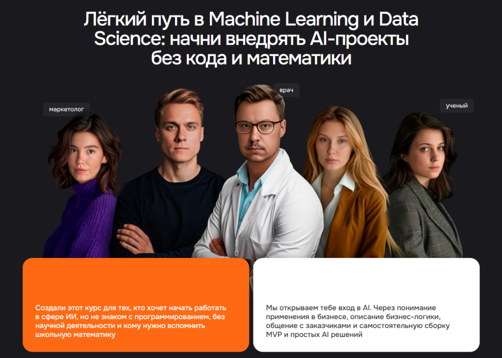 Коллаж с представителями разных профессий (маркетолог, врач, ученый) на темном фоне с заголовком о внедрении AI без кода