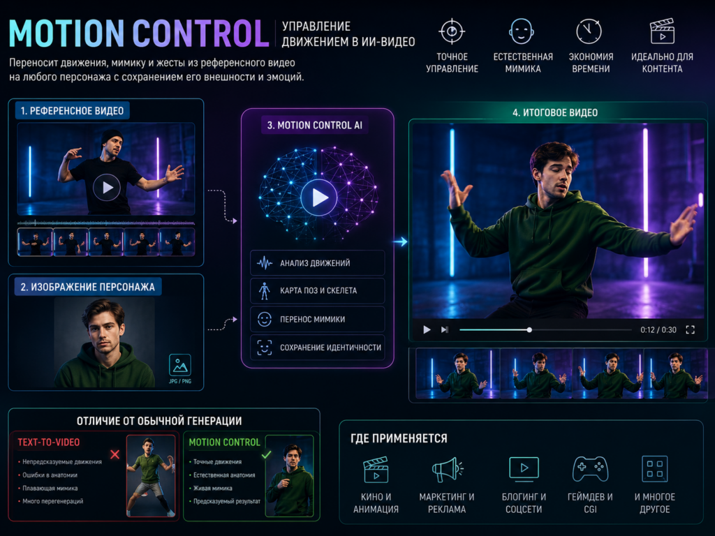 Схема работы Motion Control AI: перенос движений с референсного видео на статичное изображение персонажа.