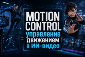 Промо-иллюстрация Motion Control: захват движений человека в костюме MoCap и перенос на 3D-персонажа.