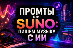 Промты для Suno: создание музыки с ИИ в неоновом музыкальном интерфейсе с микрофоном, синтезатором и аудиоволнами