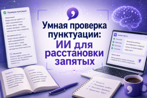 Инфографика «Умная проверка пунктуации: ИИ для расстановки запятых» с ноутбуком и книгой.