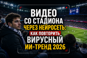 Мужчина на футбольном стадионе и крупный заголовок о создании вирусных видео через нейросети в 2026 году.
