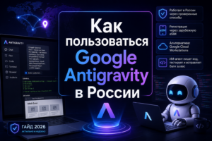 Alt Text: Обложка гайда Как пользоваться Google Antigravity в России в 2026 году с роботом за ноутбуком.