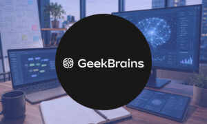Логотип GeekBrains на фоне рабочего пространства программиста с мониторами, отображающими нейронные сети и графики данных.